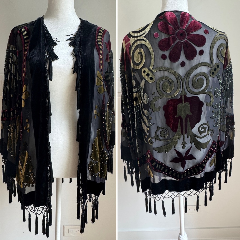 Vintage Dressbarn Collection Silk Burnout Velvet Kimono Tassel Beaded Wrap Large